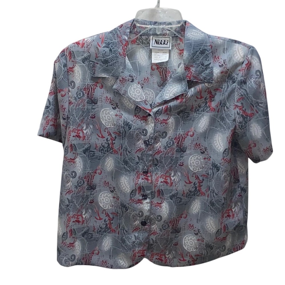 Nikki Vintage Gray Red Abstract Paisley Button Up Blouse Petite 6 Short Slv - Picture 5 of 6
